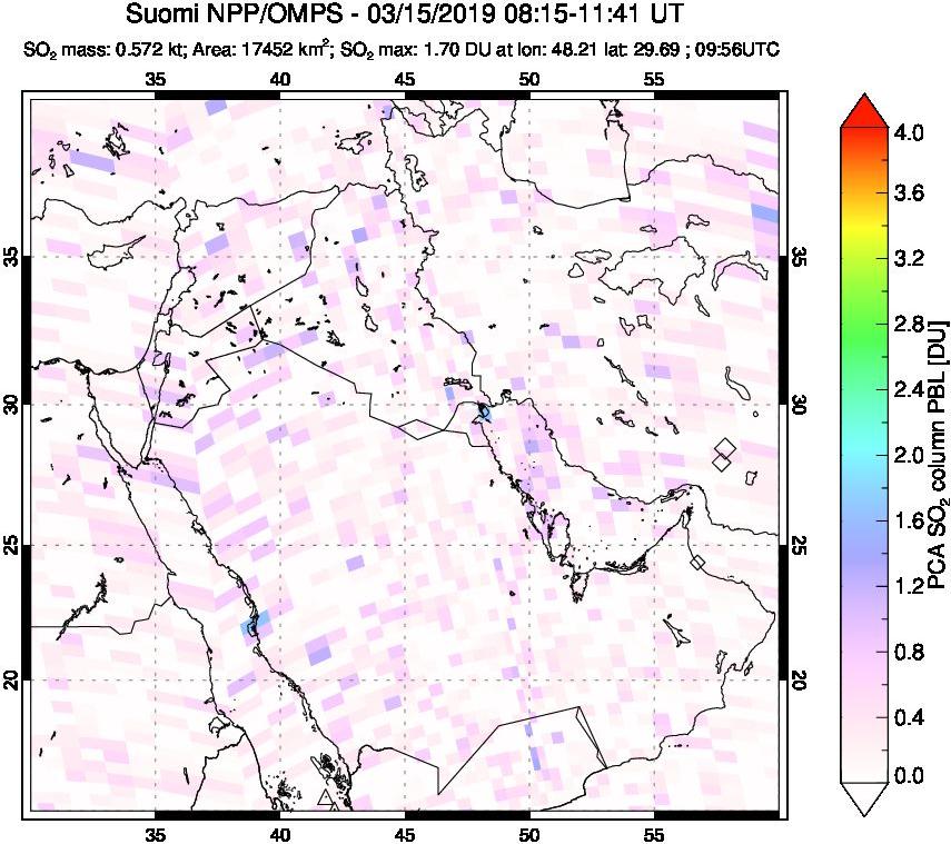 A sulfur dioxide image over Middle East on Mar 15, 2019.