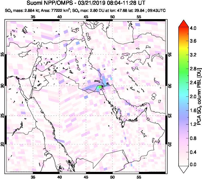 A sulfur dioxide image over Middle East on Mar 21, 2019.