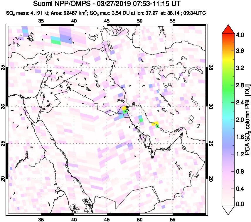 A sulfur dioxide image over Middle East on Mar 27, 2019.