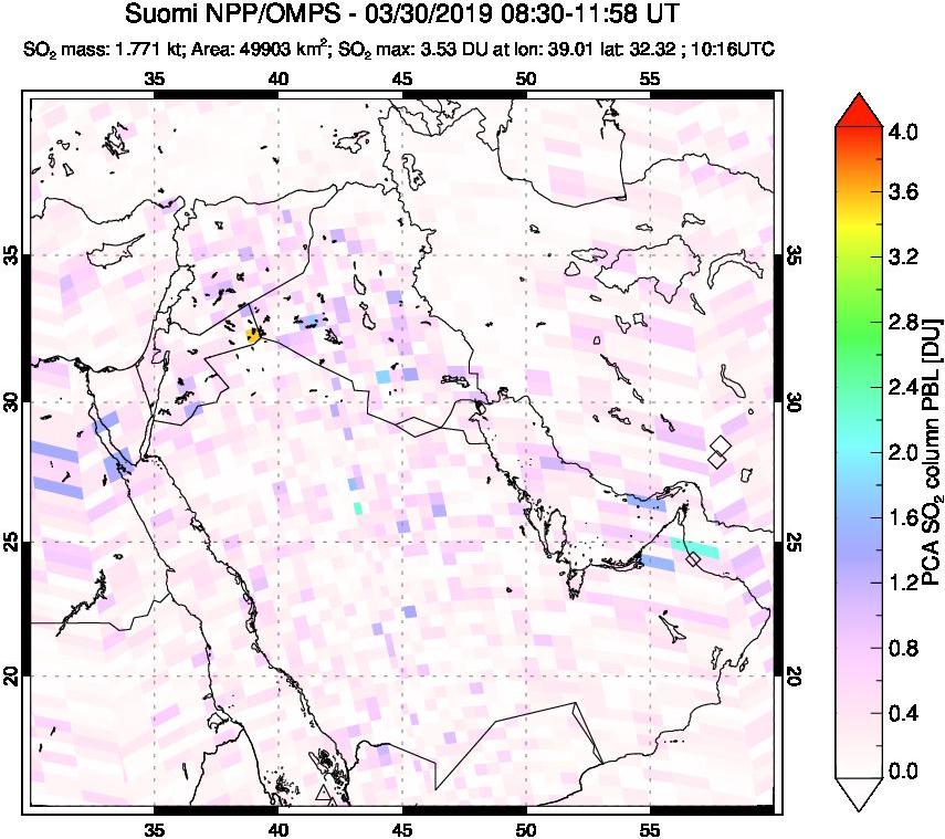 A sulfur dioxide image over Middle East on Mar 30, 2019.