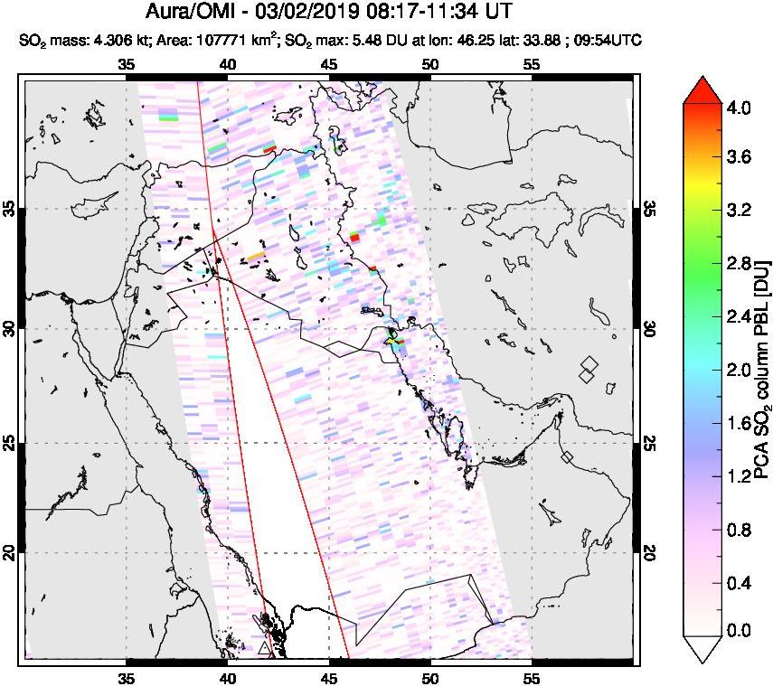 A sulfur dioxide image over Middle East on Mar 02, 2019.