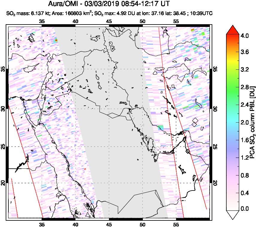 A sulfur dioxide image over Middle East on Mar 03, 2019.