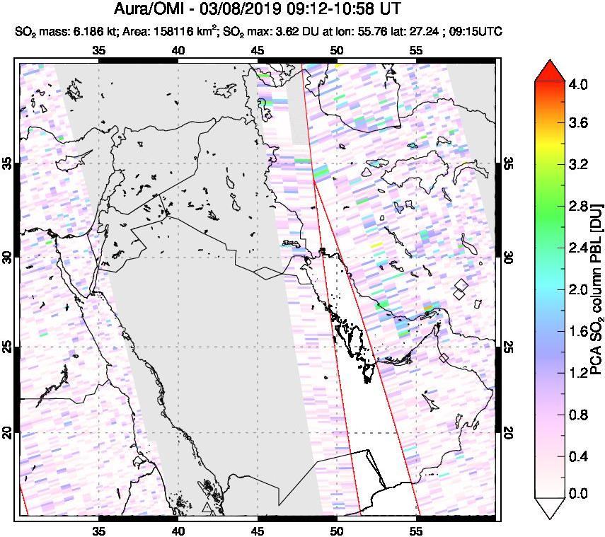 A sulfur dioxide image over Middle East on Mar 08, 2019.