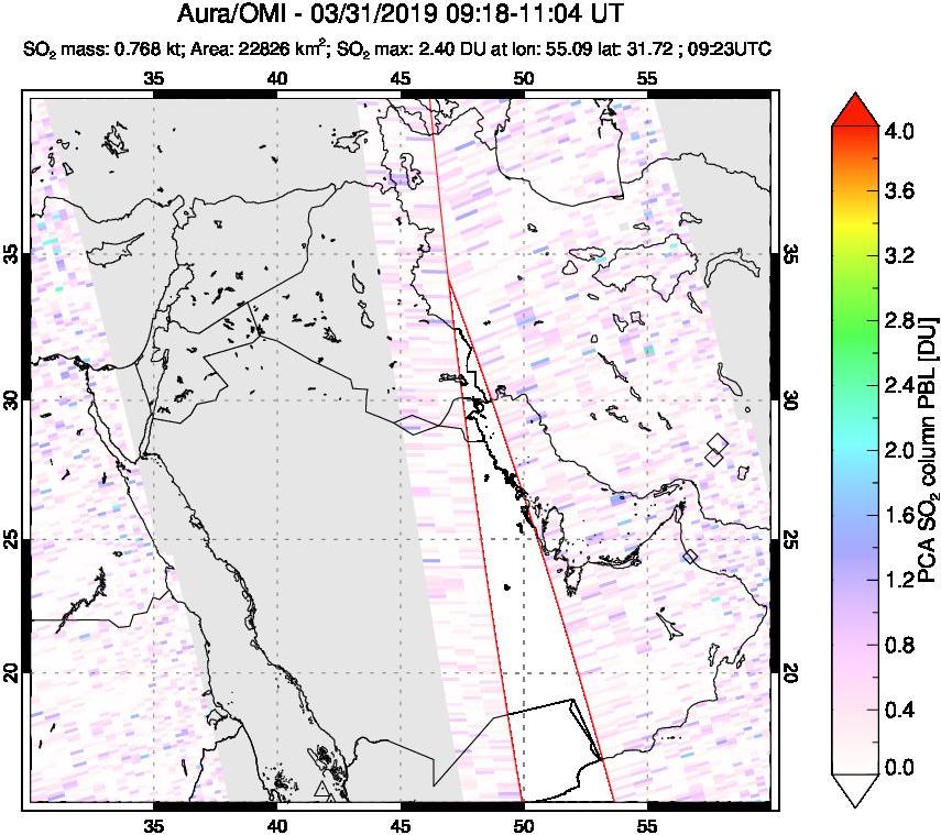 A sulfur dioxide image over Middle East on Mar 31, 2019.