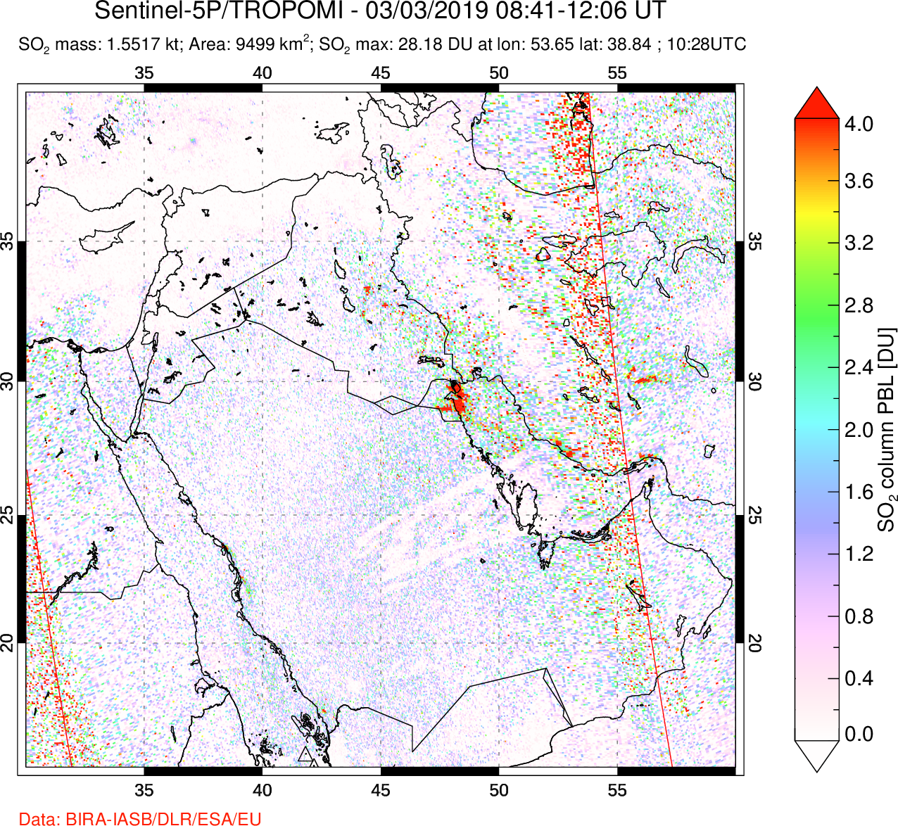 A sulfur dioxide image over Middle East on Mar 03, 2019.