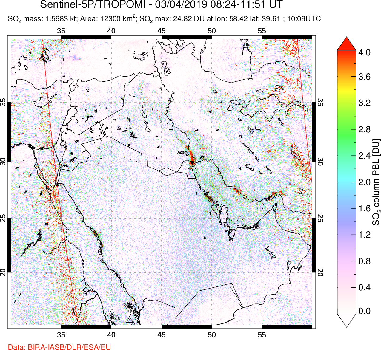 A sulfur dioxide image over Middle East on Mar 04, 2019.