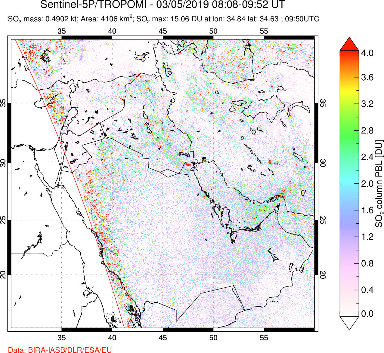 A sulfur dioxide image over Middle East on Mar 05, 2019.