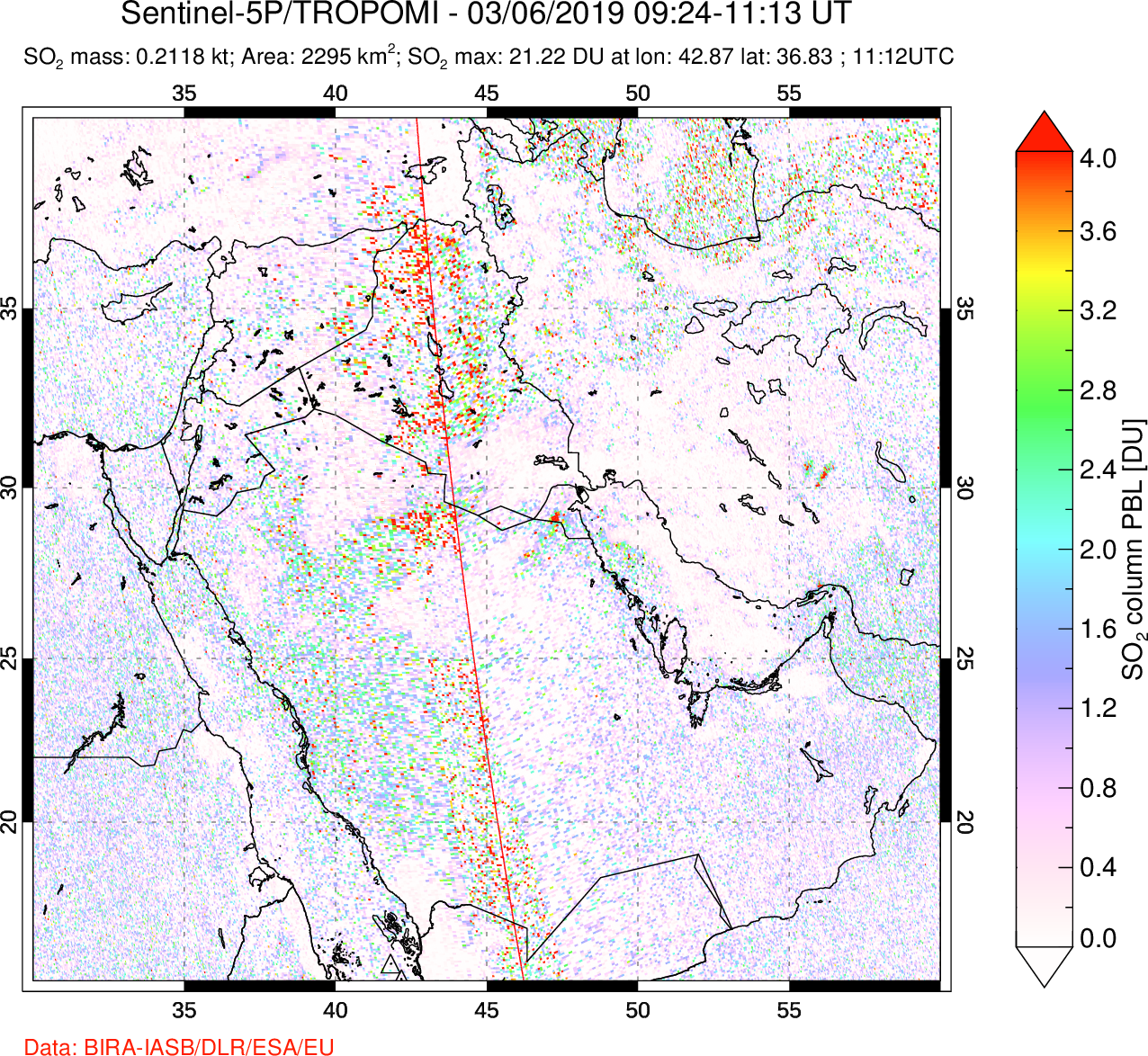 A sulfur dioxide image over Middle East on Mar 06, 2019.