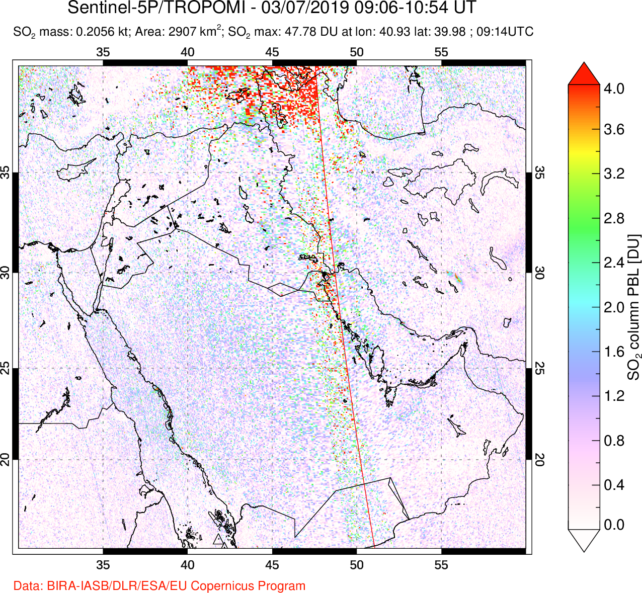 A sulfur dioxide image over Middle East on Mar 07, 2019.