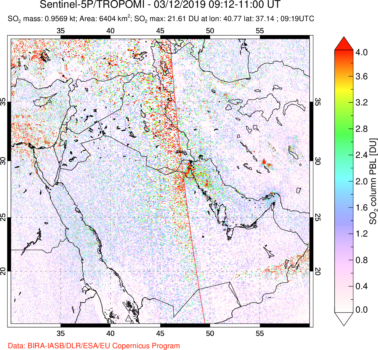 A sulfur dioxide image over Middle East on Mar 12, 2019.