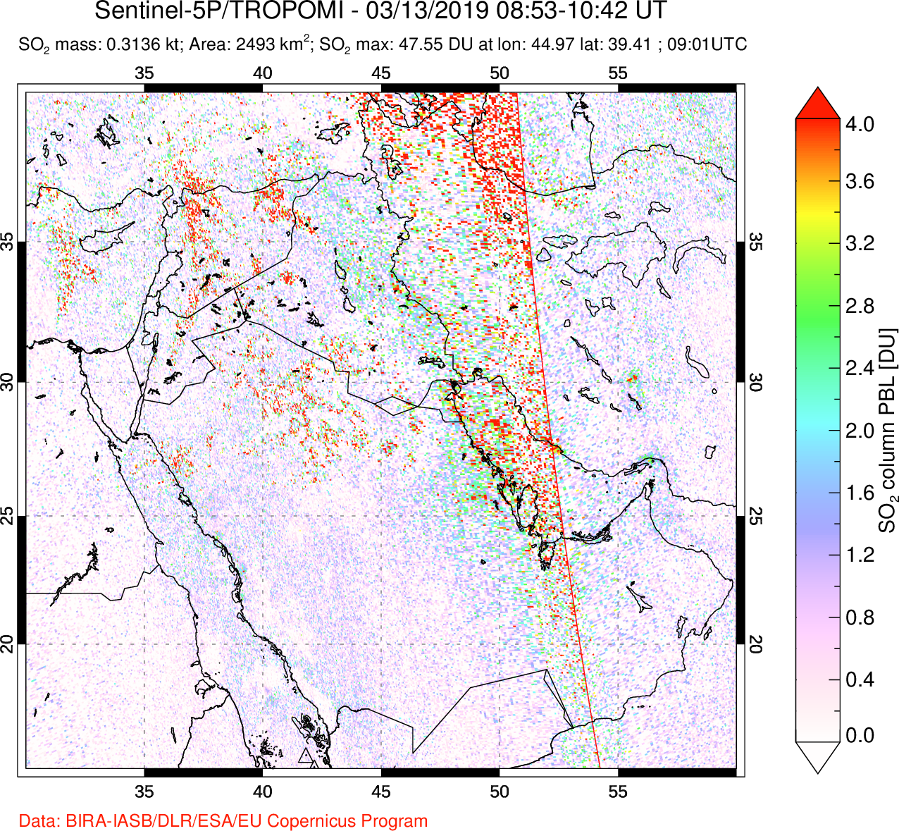 A sulfur dioxide image over Middle East on Mar 13, 2019.
