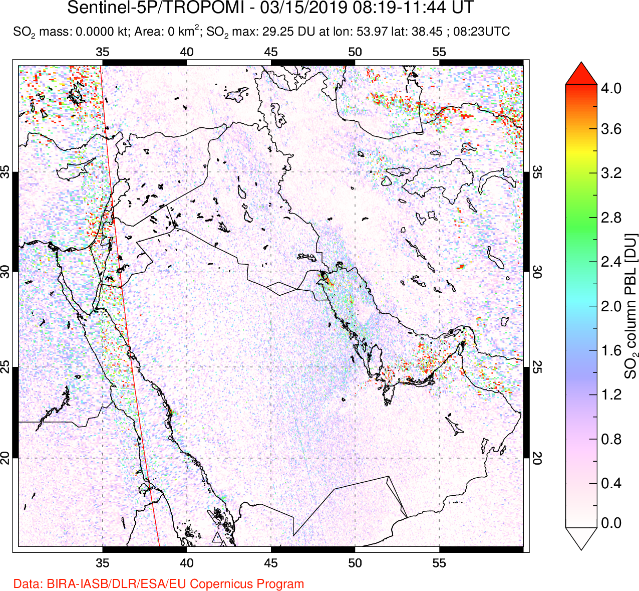A sulfur dioxide image over Middle East on Mar 15, 2019.