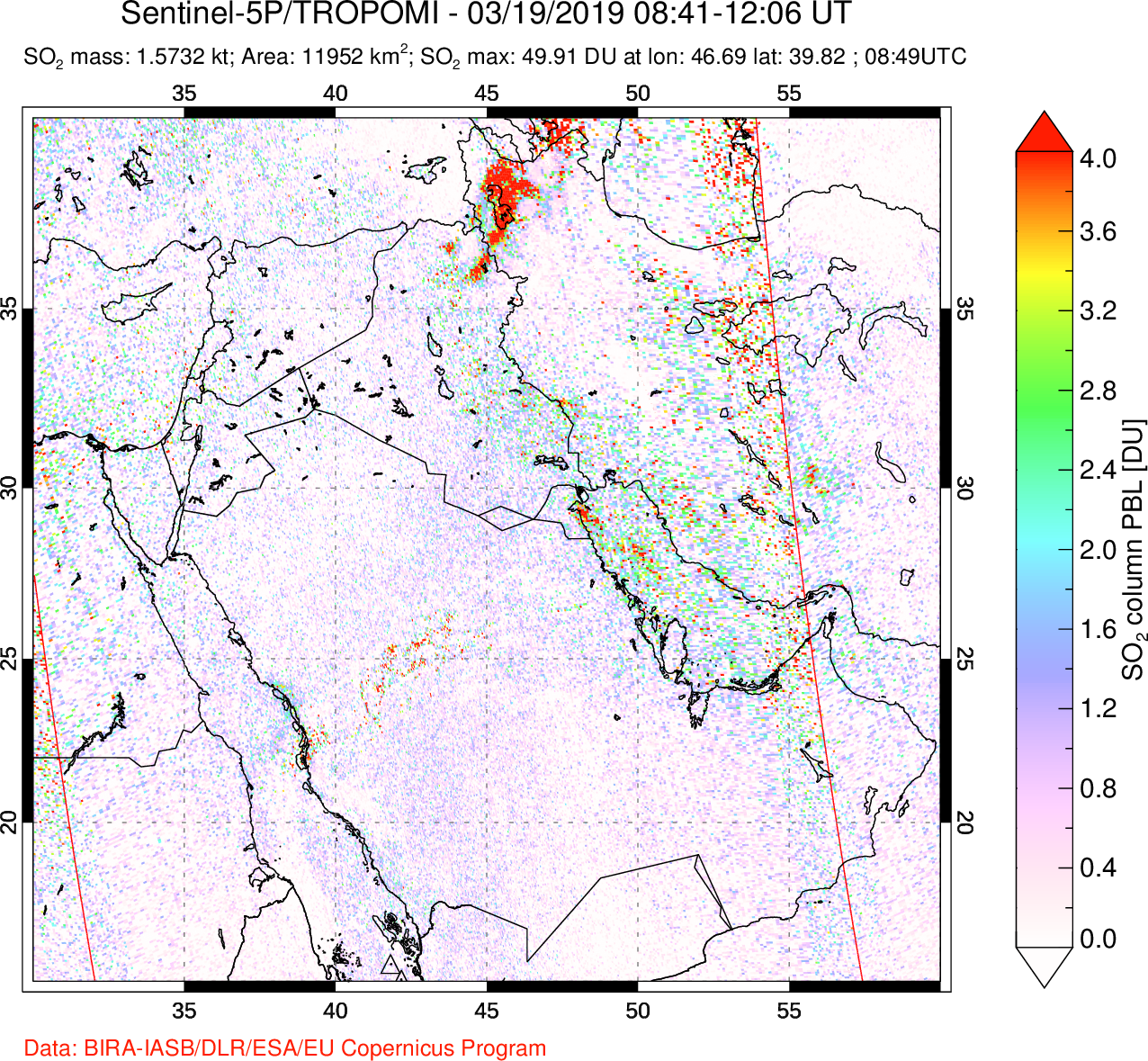 A sulfur dioxide image over Middle East on Mar 19, 2019.