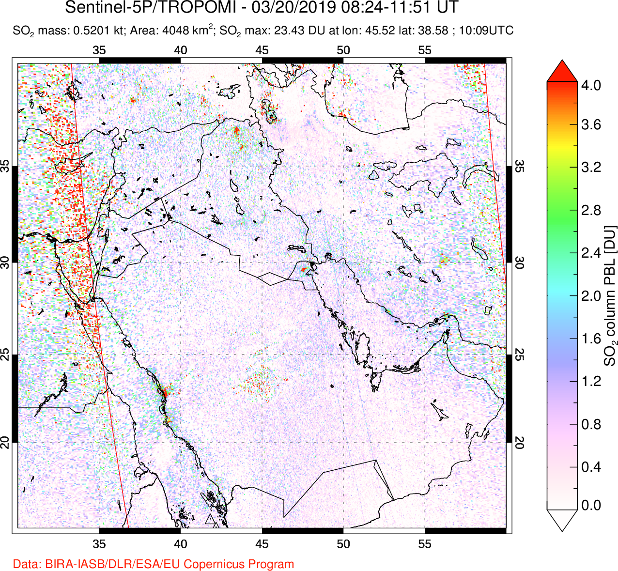 A sulfur dioxide image over Middle East on Mar 20, 2019.