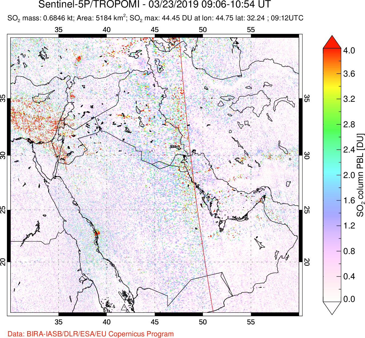 A sulfur dioxide image over Middle East on Mar 23, 2019.