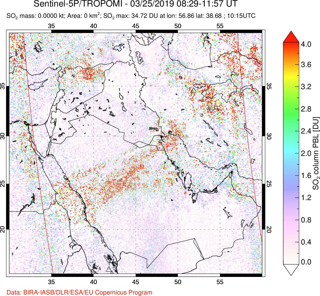 A sulfur dioxide image over Middle East on Mar 25, 2019.