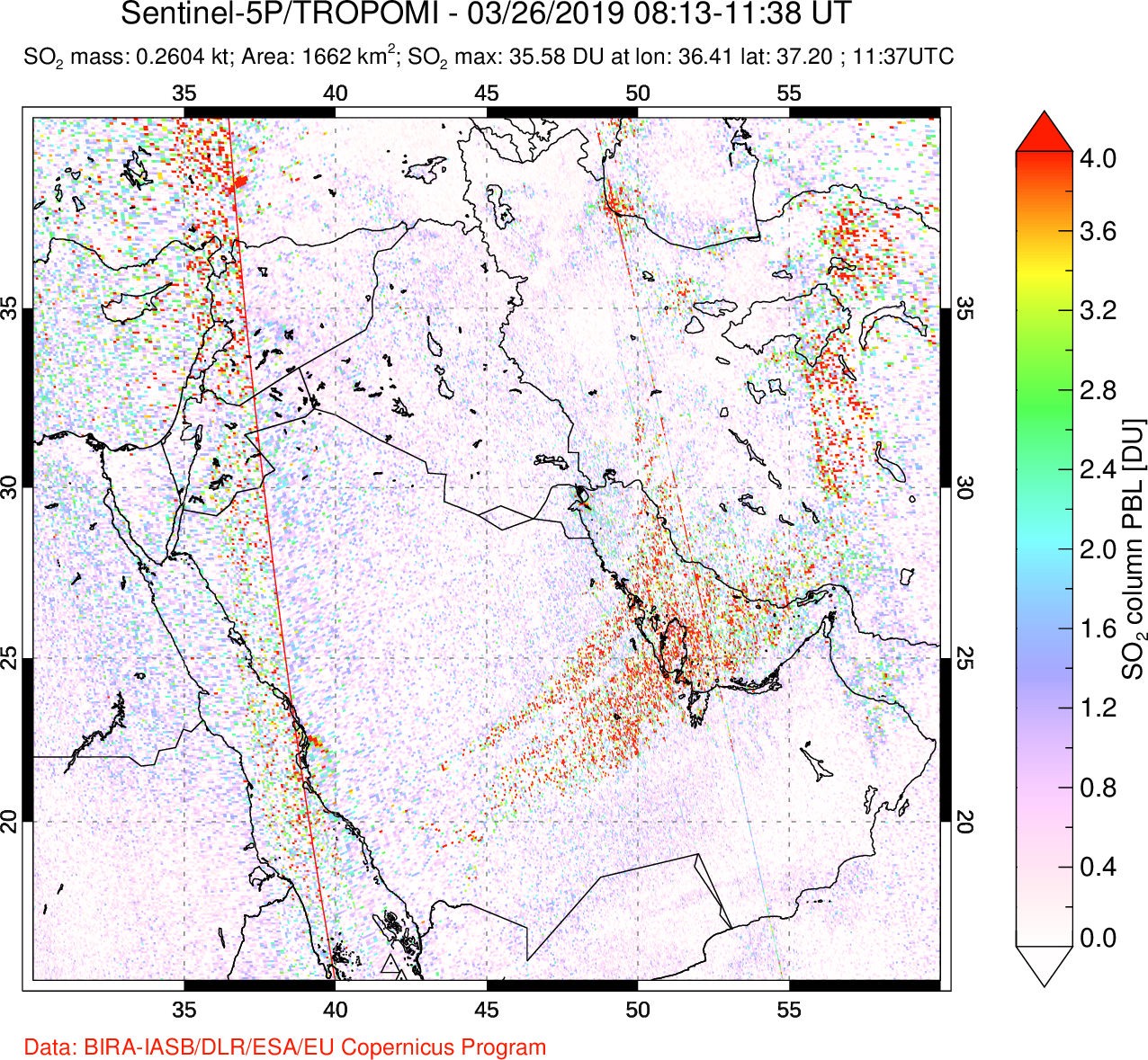 A sulfur dioxide image over Middle East on Mar 26, 2019.
