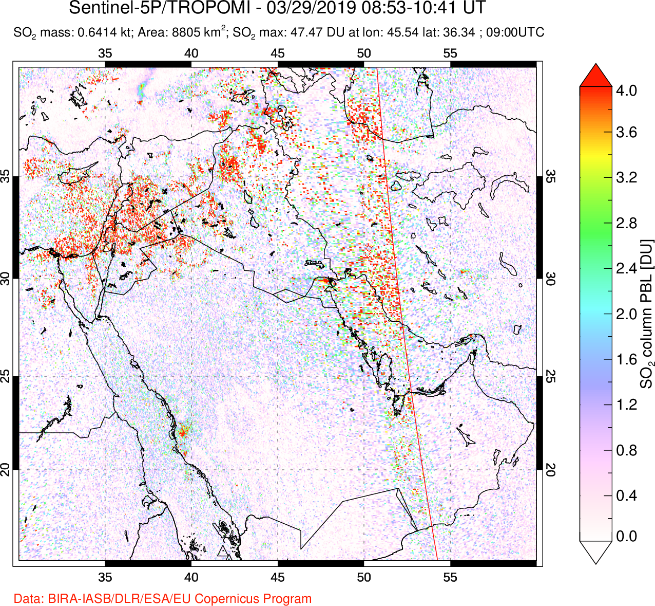 A sulfur dioxide image over Middle East on Mar 29, 2019.