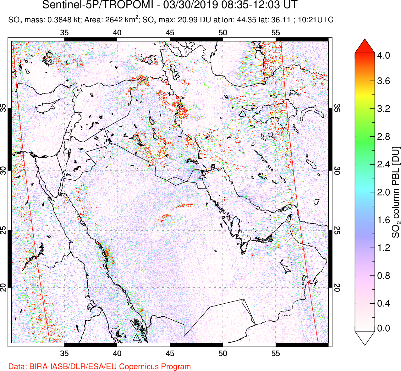 A sulfur dioxide image over Middle East on Mar 30, 2019.