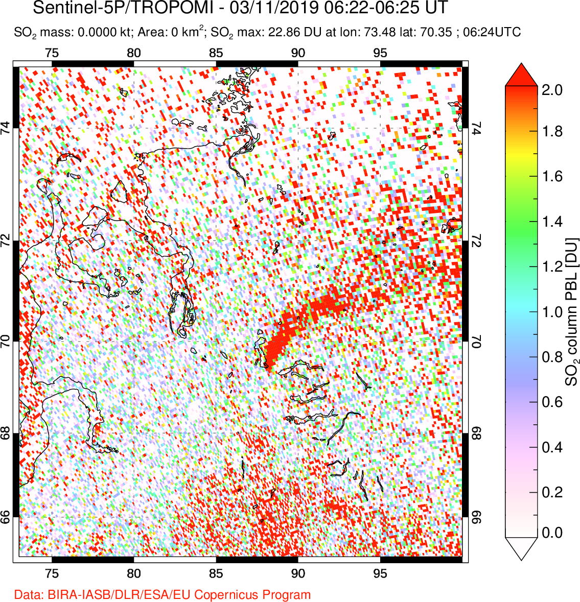 A sulfur dioxide image over Norilsk, Russian Federation on Mar 11, 2019.