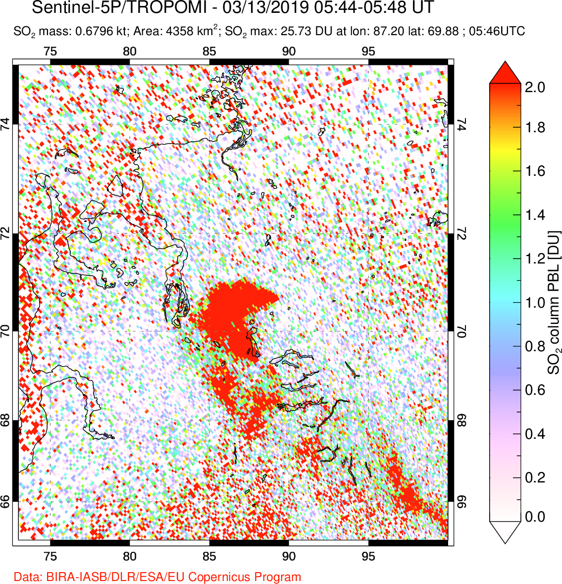 A sulfur dioxide image over Norilsk, Russian Federation on Mar 13, 2019.