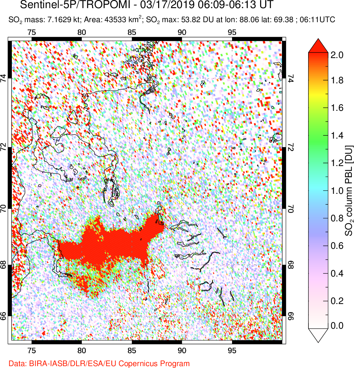 A sulfur dioxide image over Norilsk, Russian Federation on Mar 17, 2019.