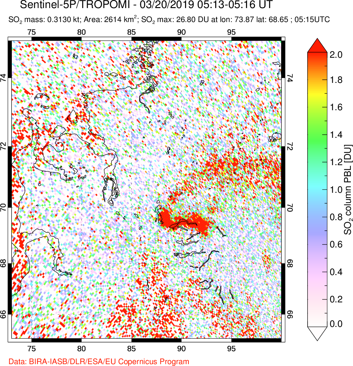 A sulfur dioxide image over Norilsk, Russian Federation on Mar 20, 2019.