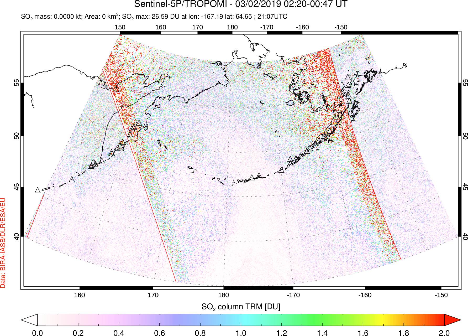 A sulfur dioxide image over North Pacific on Mar 02, 2019.