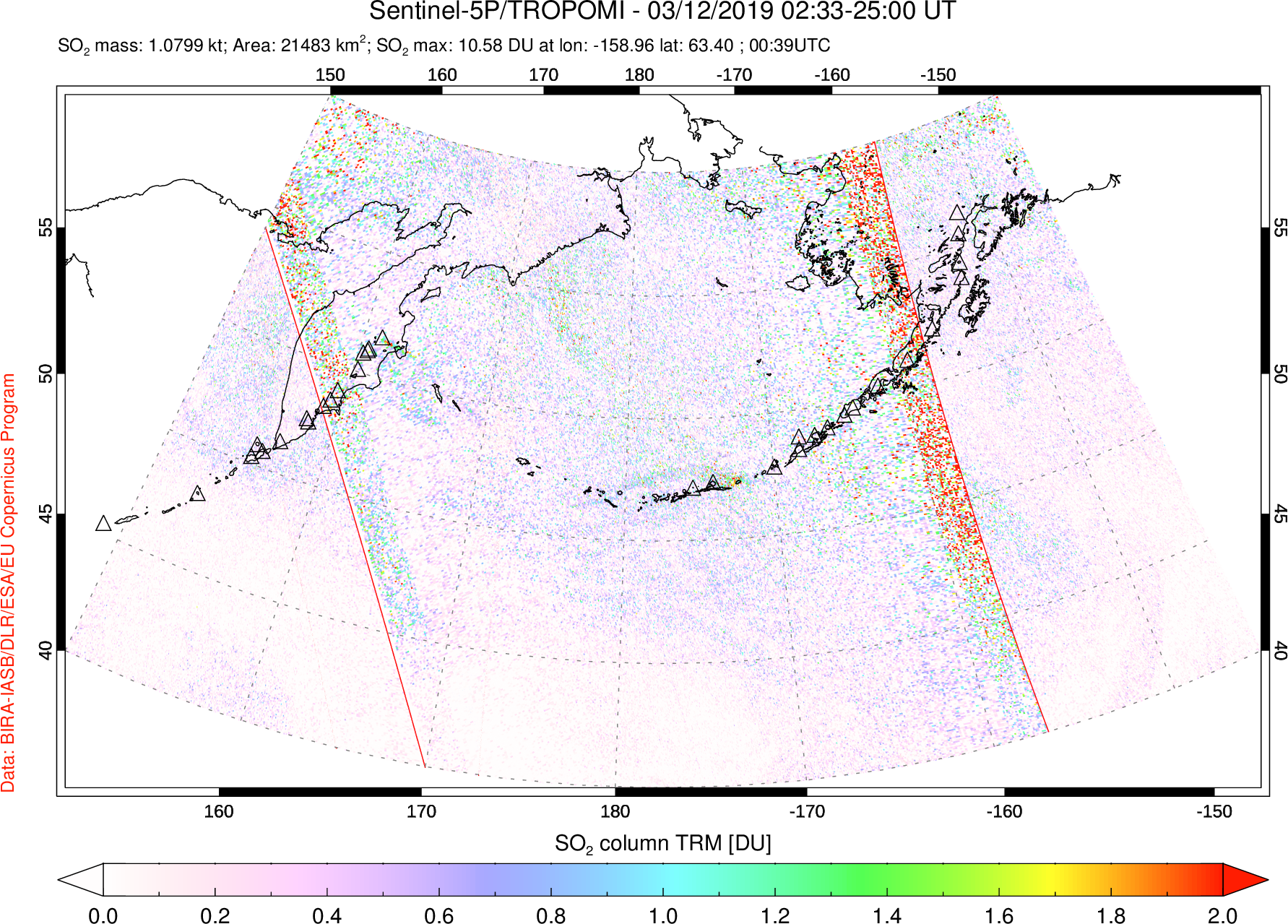 A sulfur dioxide image over North Pacific on Mar 12, 2019.
