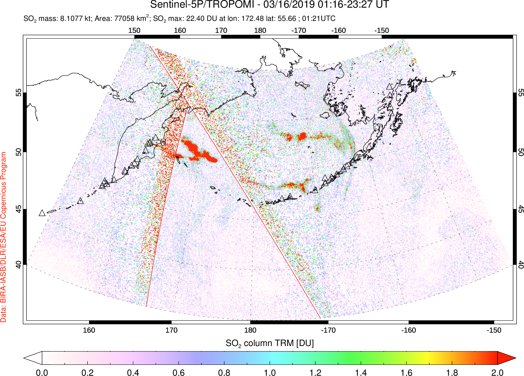 A sulfur dioxide image over North Pacific on Mar 16, 2019.