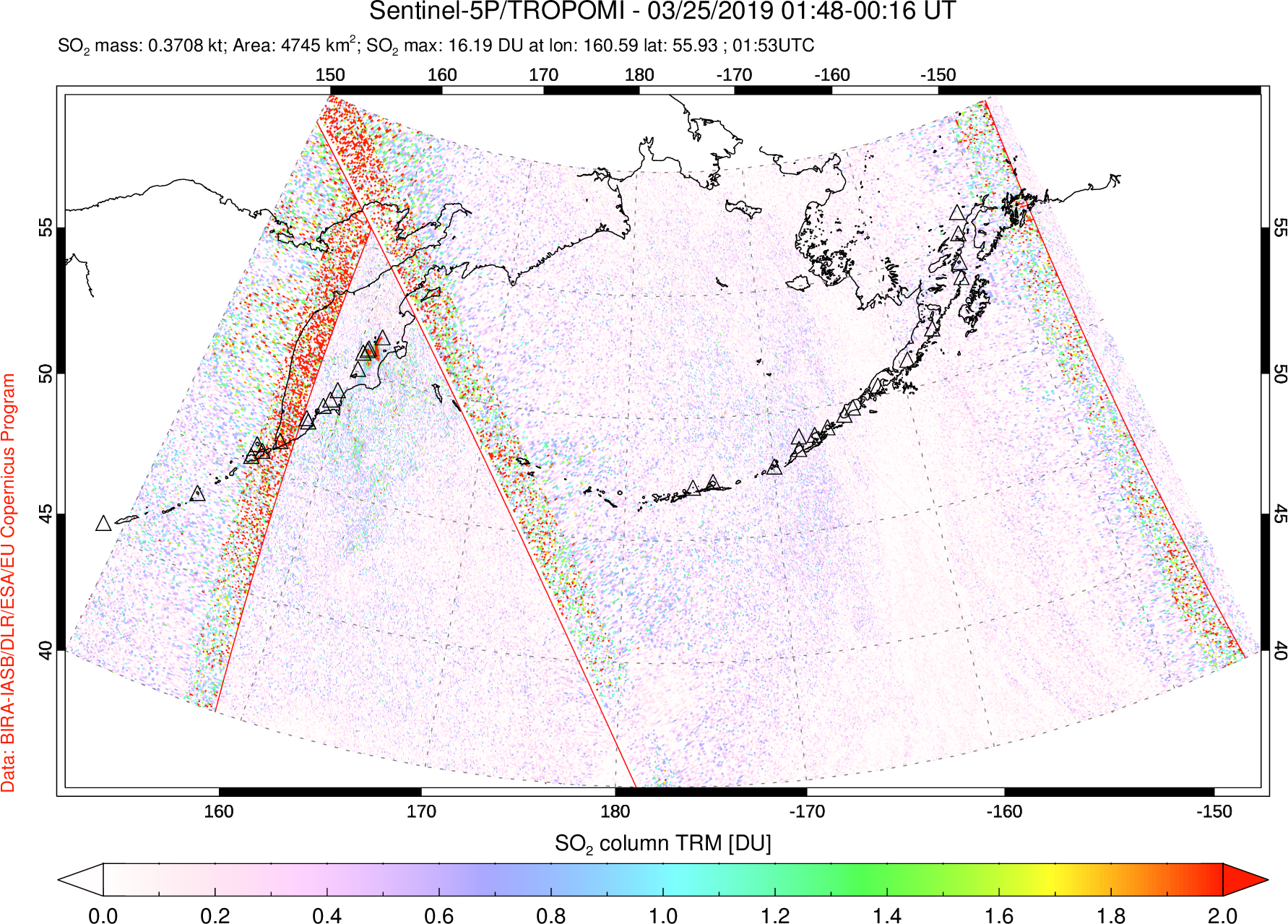 A sulfur dioxide image over North Pacific on Mar 25, 2019.