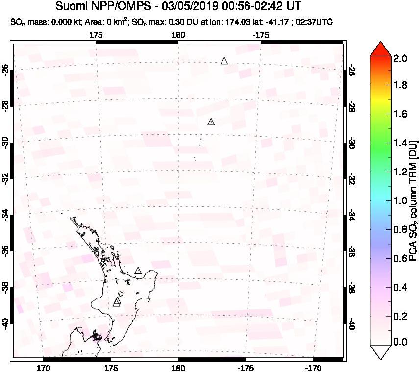 A sulfur dioxide image over New Zealand on Mar 05, 2019.