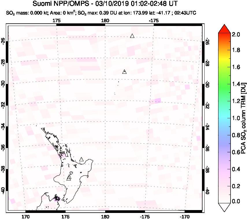 A sulfur dioxide image over New Zealand on Mar 10, 2019.
