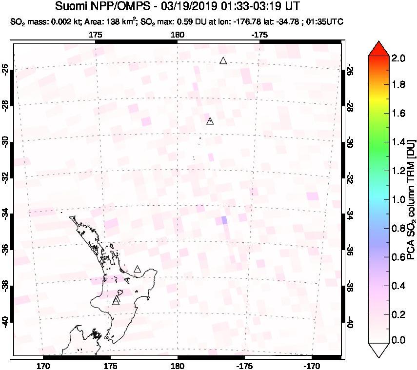 A sulfur dioxide image over New Zealand on Mar 19, 2019.