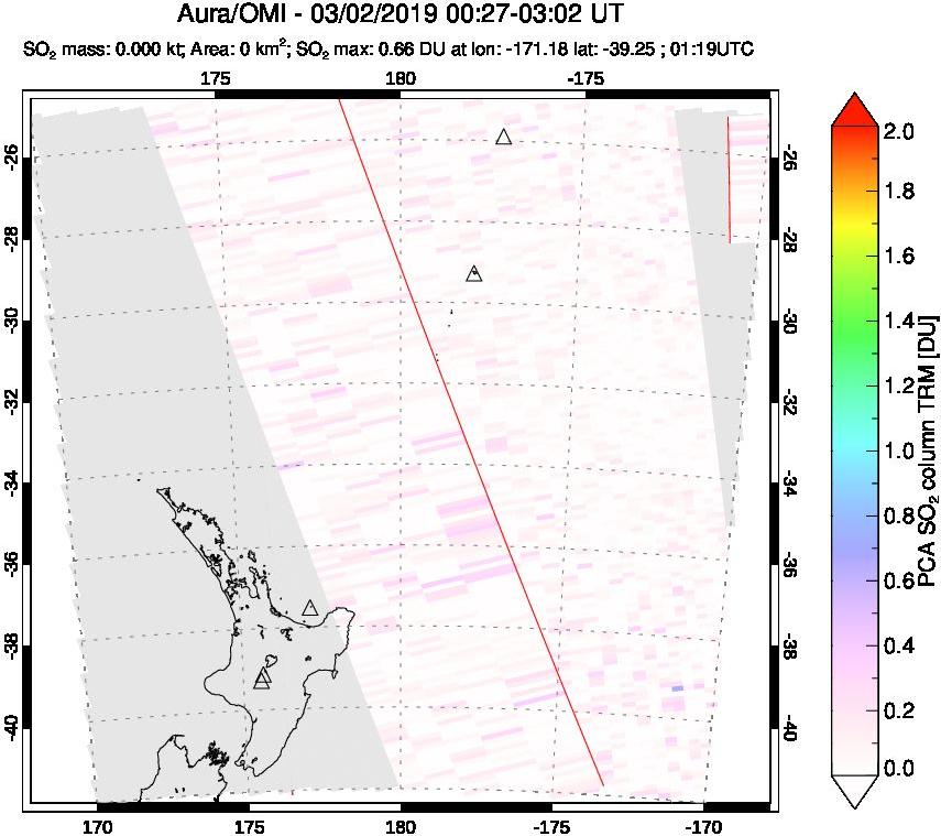A sulfur dioxide image over New Zealand on Mar 02, 2019.