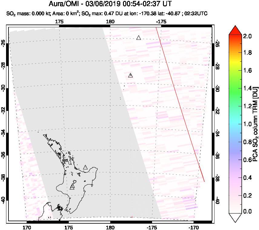 A sulfur dioxide image over New Zealand on Mar 06, 2019.