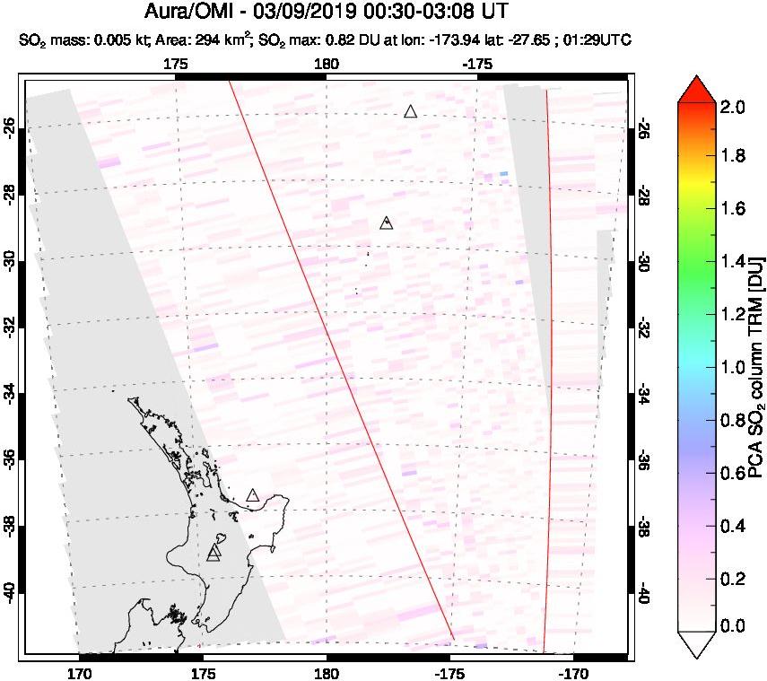 A sulfur dioxide image over New Zealand on Mar 09, 2019.