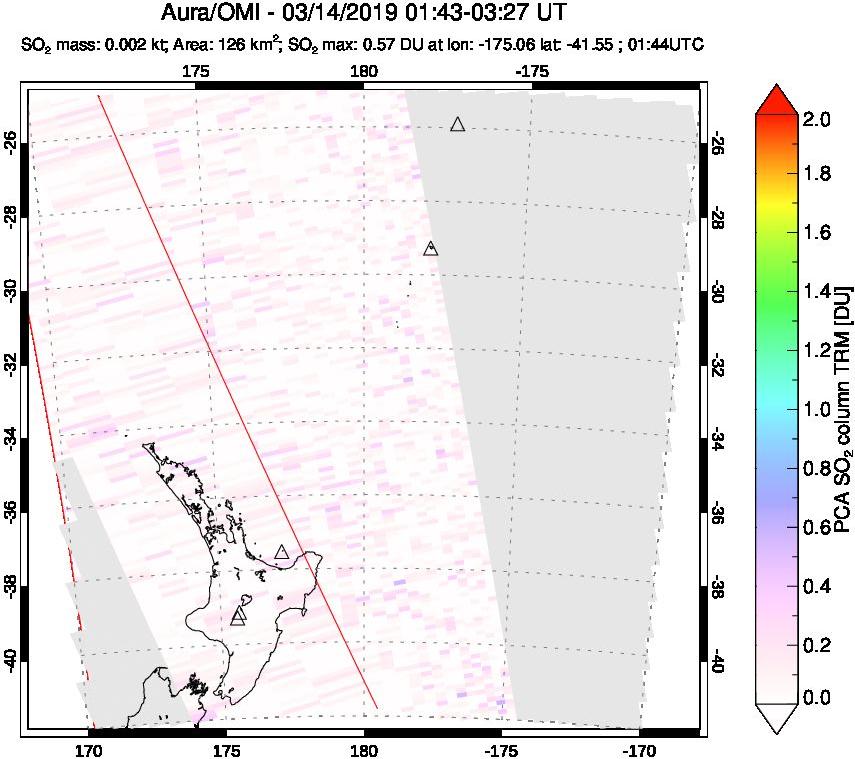 A sulfur dioxide image over New Zealand on Mar 14, 2019.