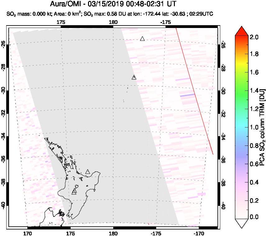 A sulfur dioxide image over New Zealand on Mar 15, 2019.