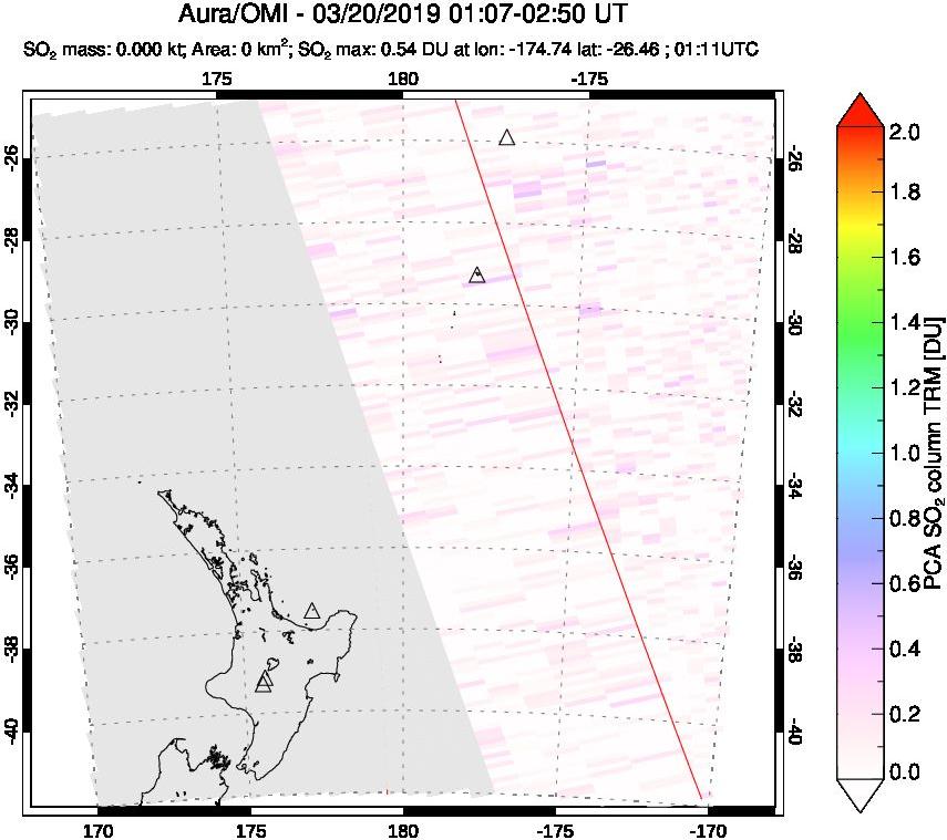 A sulfur dioxide image over New Zealand on Mar 20, 2019.