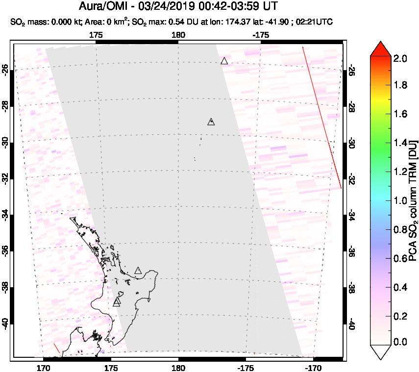 A sulfur dioxide image over New Zealand on Mar 24, 2019.