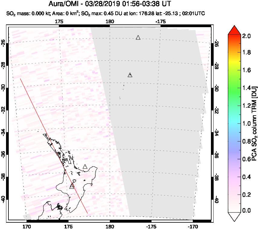 A sulfur dioxide image over New Zealand on Mar 28, 2019.