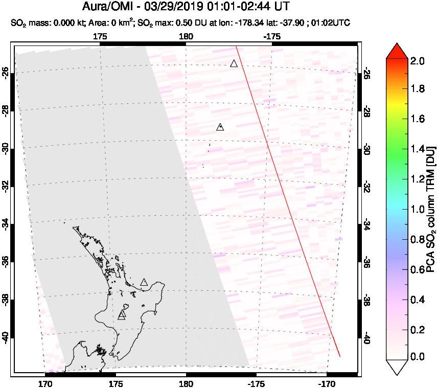 A sulfur dioxide image over New Zealand on Mar 29, 2019.