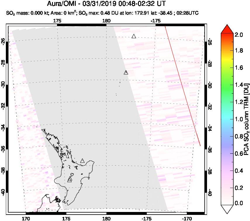 A sulfur dioxide image over New Zealand on Mar 31, 2019.