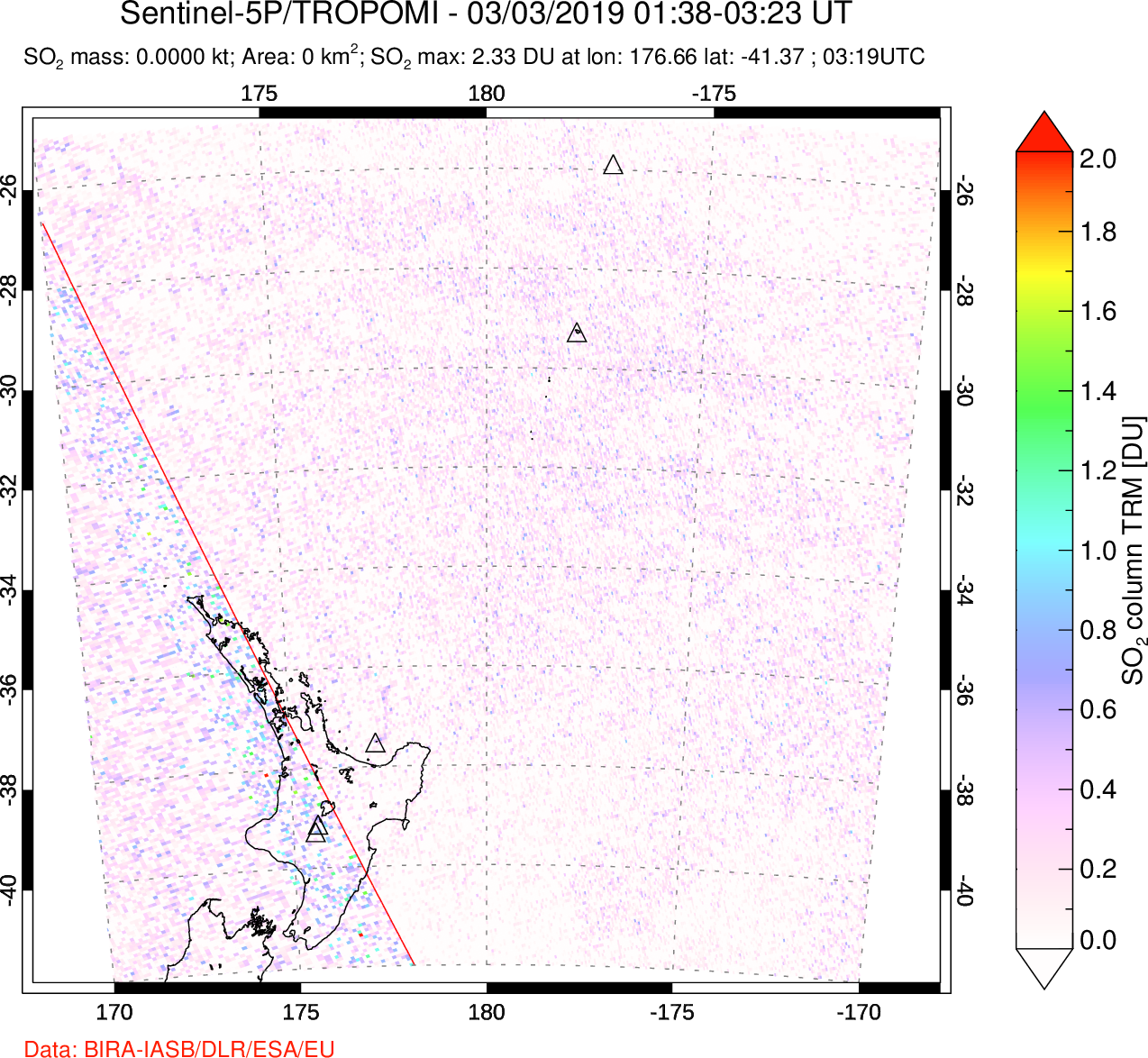 A sulfur dioxide image over New Zealand on Mar 03, 2019.