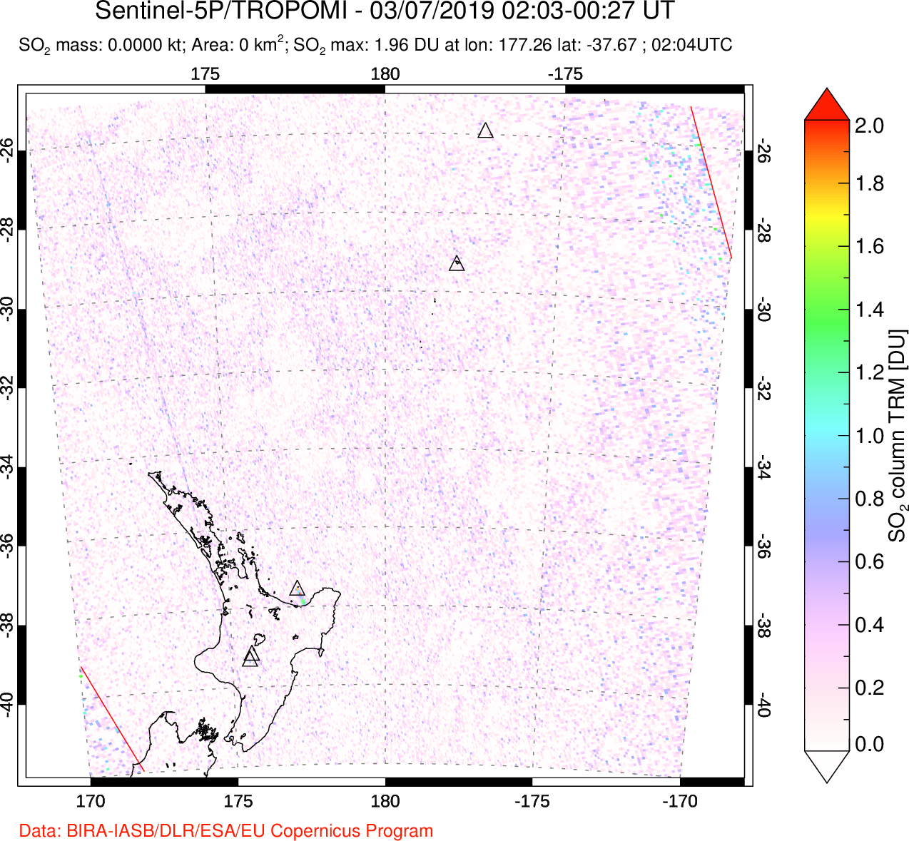 A sulfur dioxide image over New Zealand on Mar 07, 2019.