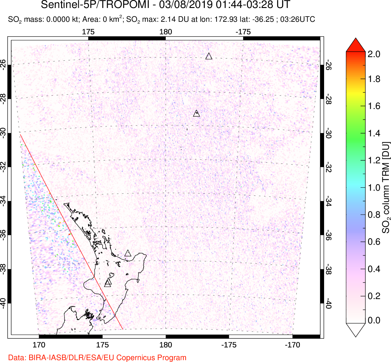 A sulfur dioxide image over New Zealand on Mar 08, 2019.