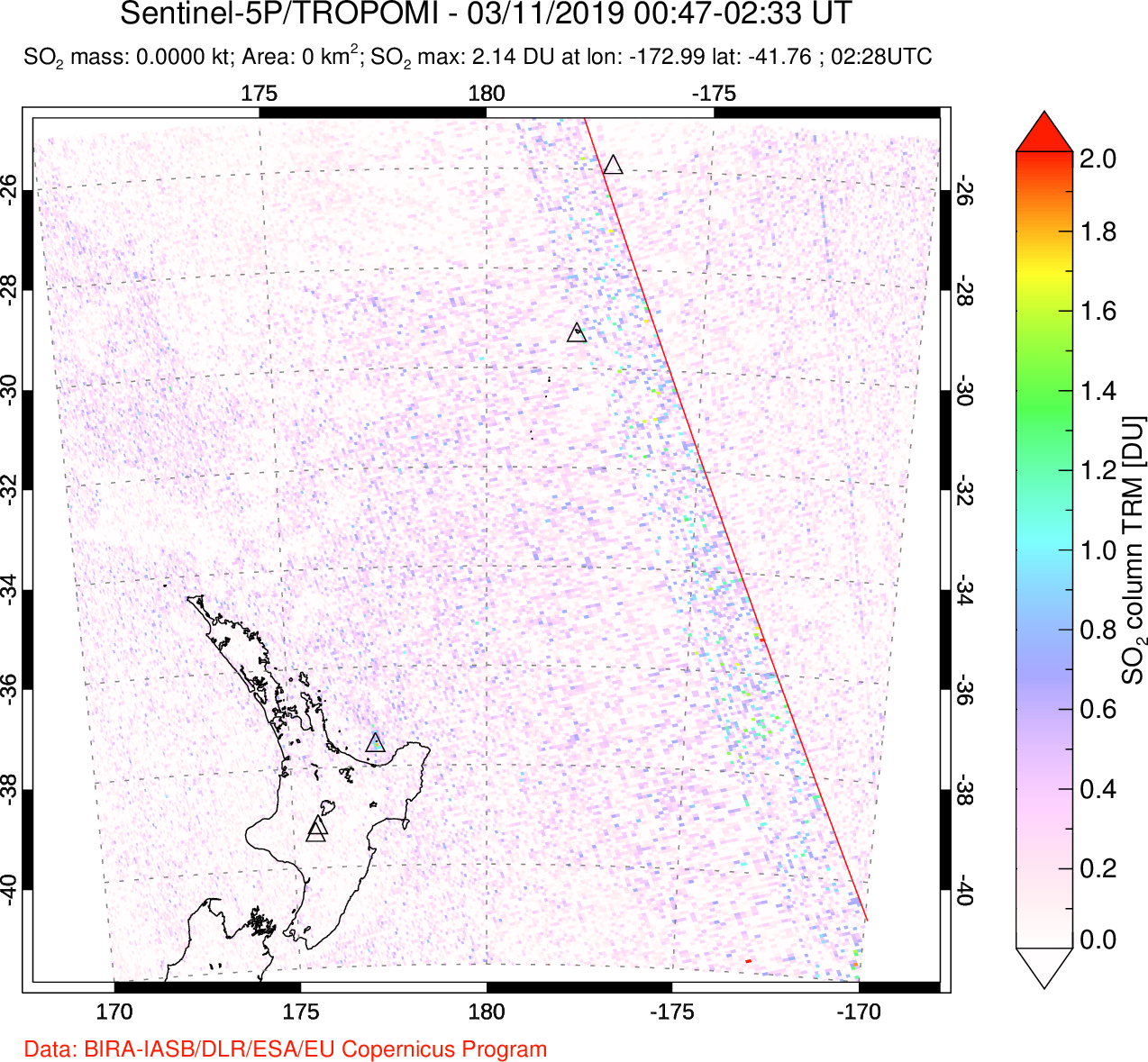 A sulfur dioxide image over New Zealand on Mar 11, 2019.