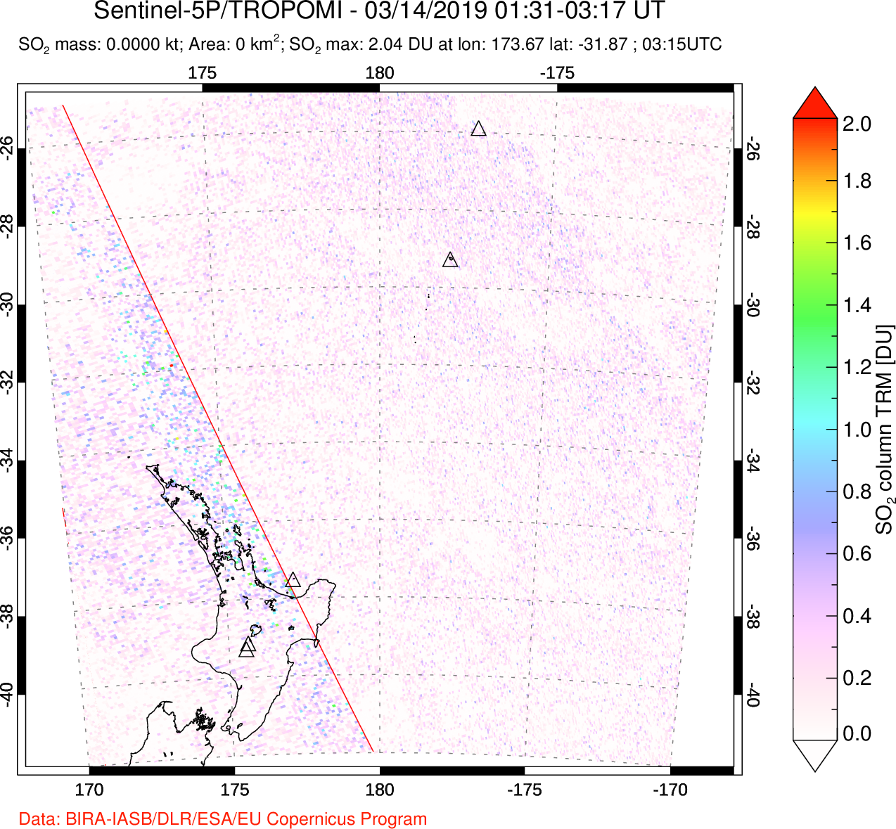 A sulfur dioxide image over New Zealand on Mar 14, 2019.