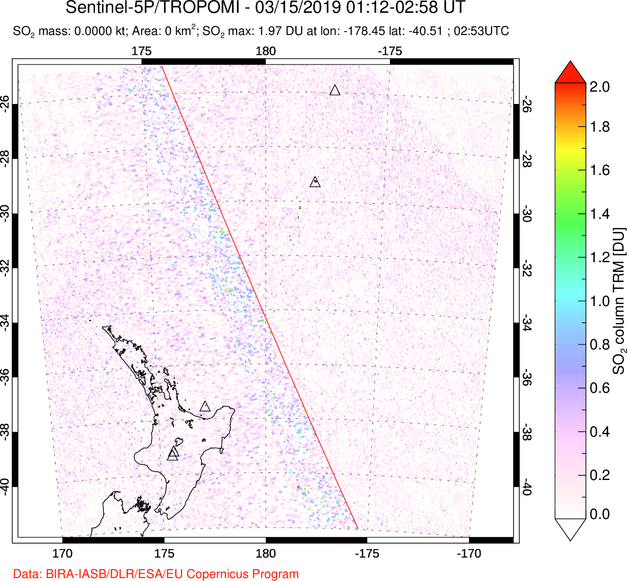 A sulfur dioxide image over New Zealand on Mar 15, 2019.